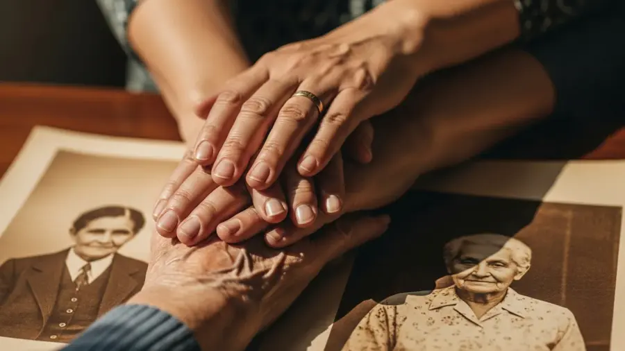 Três gerações de mãos femininas sobrepostas